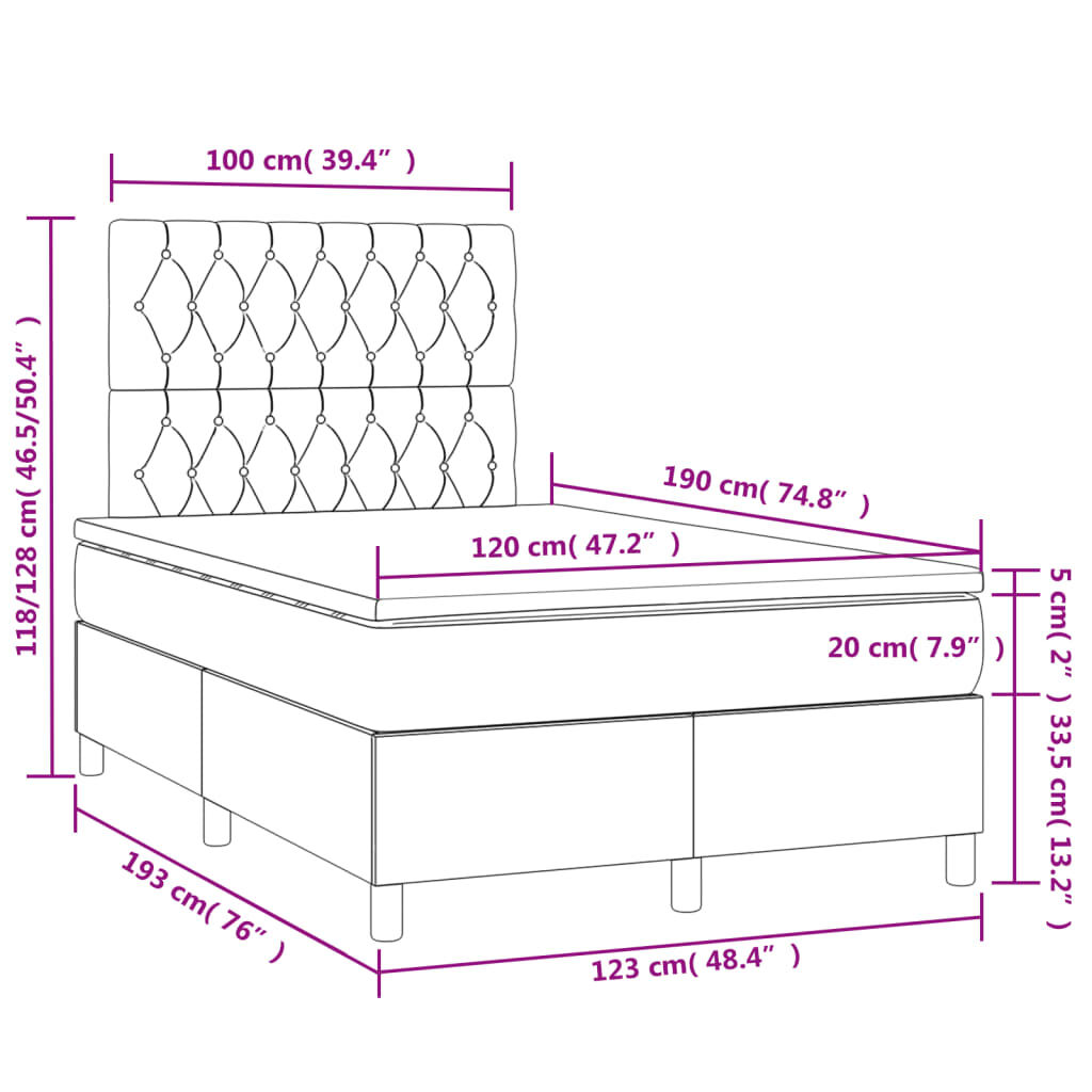 vidaXL Κρεβάτι Boxspring με Στρώμα & LED Taupe 120x190 εκ. Υφασμάτινο