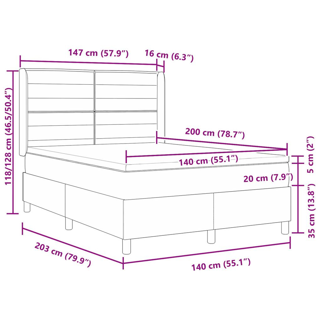 vidaXL Κρεβάτι Box Spring με Στρώμα & LED Μπλε 140x200 εκ Υφάσμα