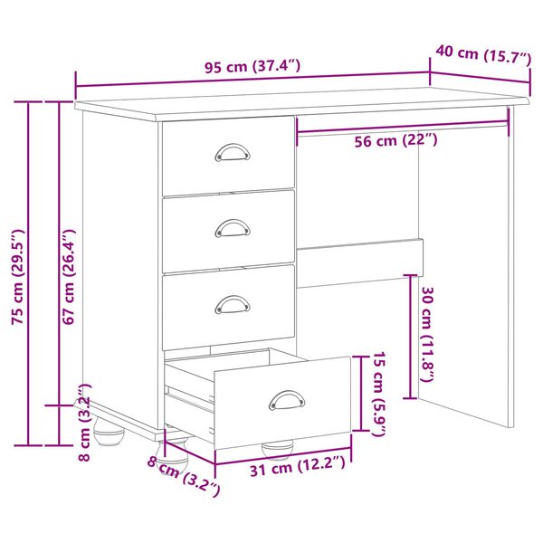 vidaXL Γραφείο 'ASKIM' με Συρτάρια 95x40x75 εκ Μασίφ Ξύλινο Πεύκο