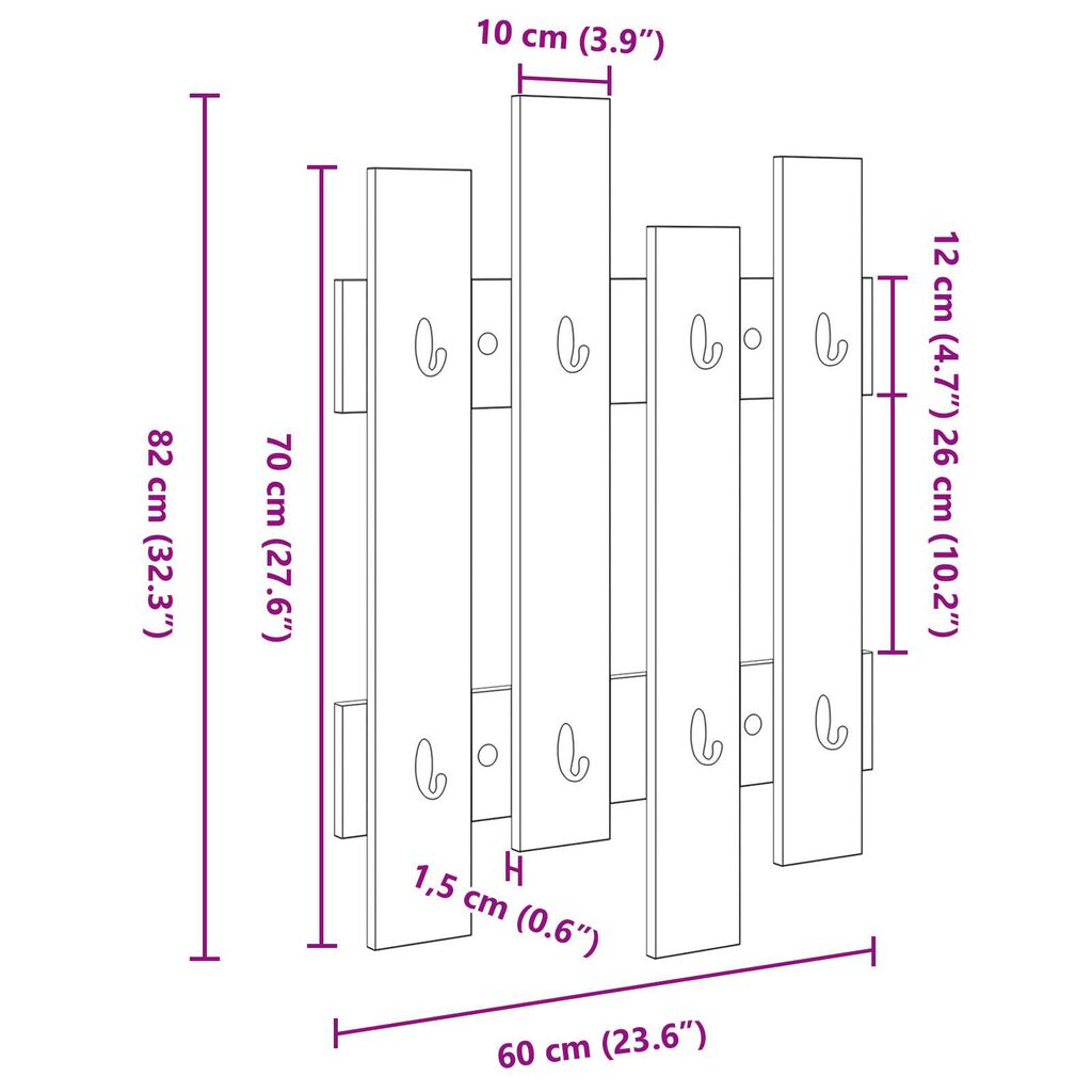 vidaXL Τοίχου Κρεμάστρα Μαύρη Δρυς 60 x 3 x 82 εκ Επεξεργασμένο ξύλο