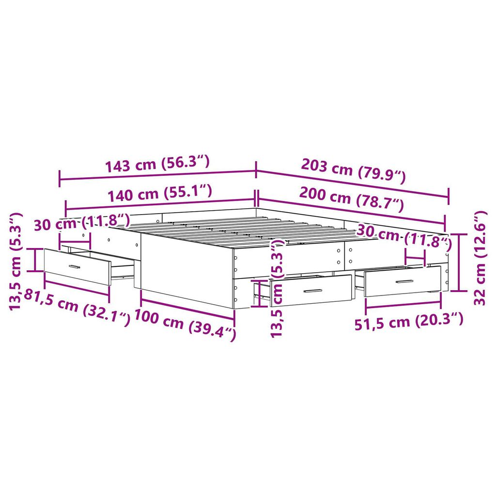 vidaXL Κρεβάτι με Συρτάρια Μαύρη δρυς 140 x 200 cm Επεξεργασμένο ξύλο