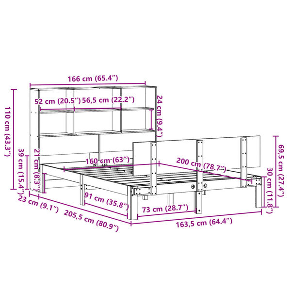 vidaXL Κρεβάτι Βιβλιοθήκη Χωρίς Στρώμα 160x200 εκ Μασίφ Ξύλο Πεύκου