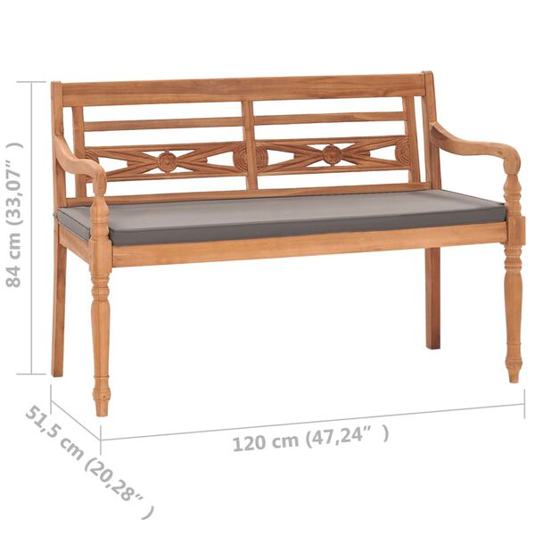 vidaXL Παγκάκι Batavia 120 εκ. Μασίφ Ξύλο Teak & Σκούρο Γκρι Μαξιλάρι