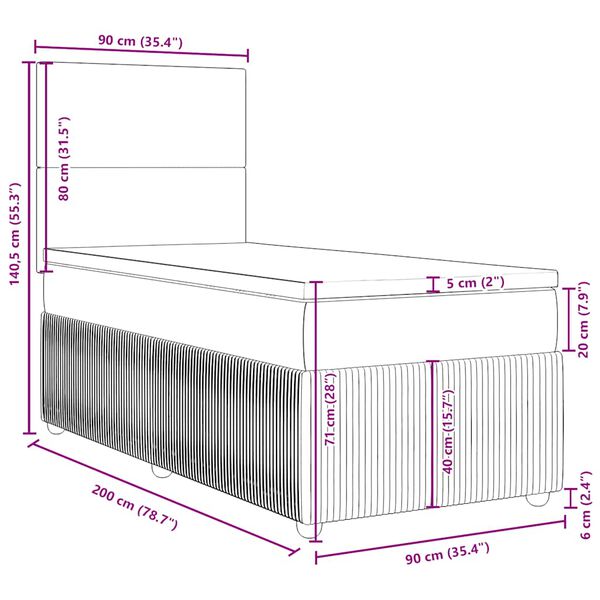 vidaXL Κρεβάτι Boxspring με Στρώμα Σκούρο Γκρι 90x200 εκ. Υφασμάτινο