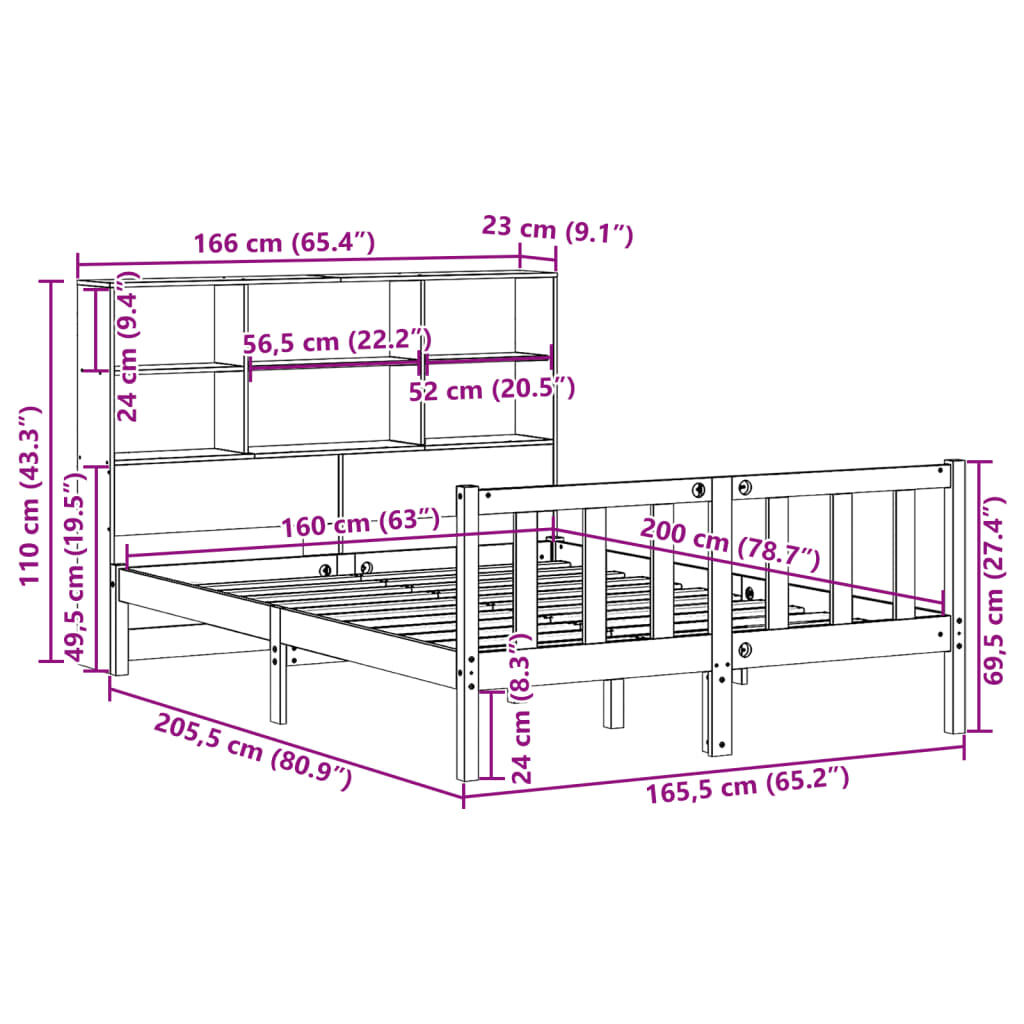vidaXL Κρεβάτι Βιβλιοθήκη Χωρίς Στρώμα 160x200 εκ Μασίφ Ξύλο Πεύκου