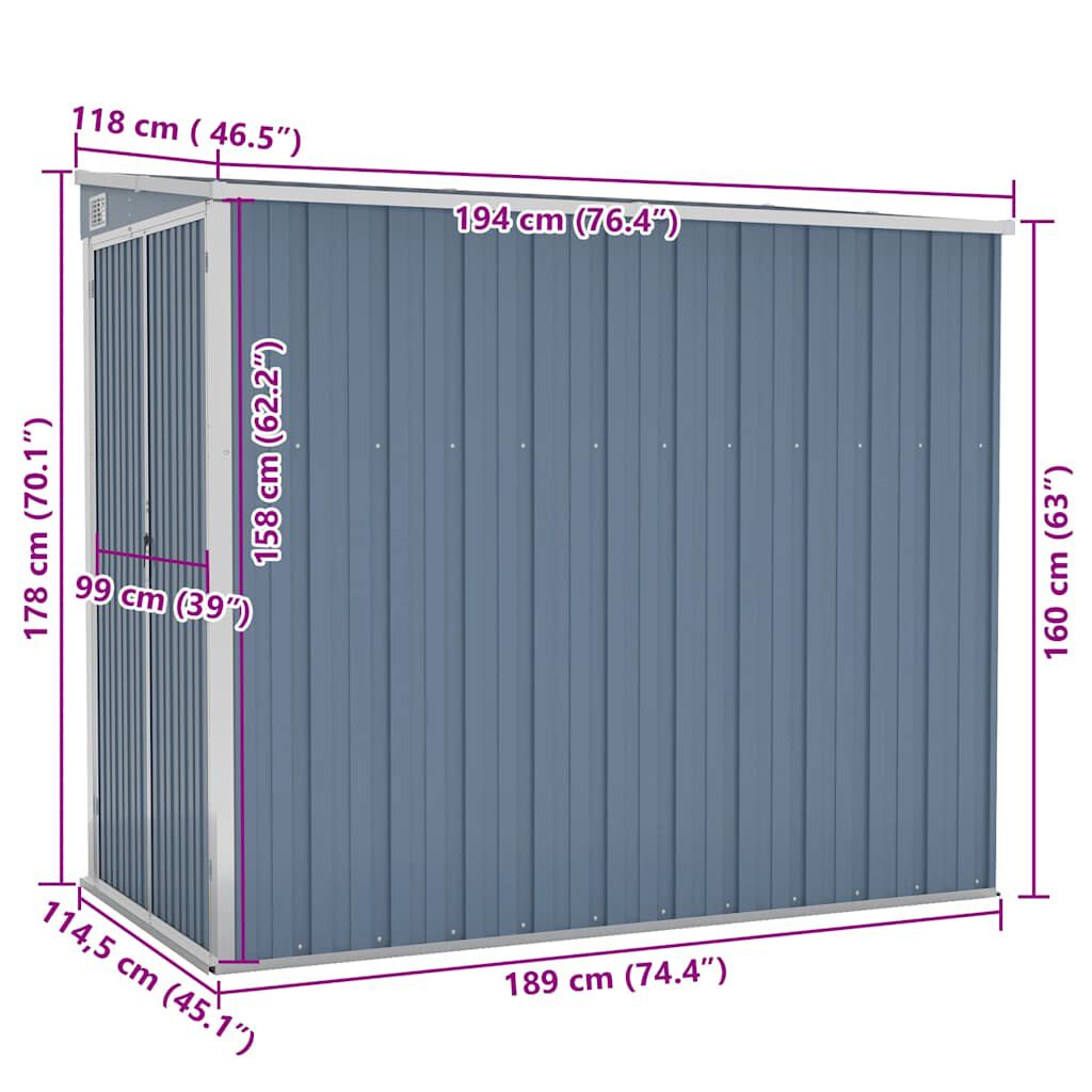 vidaXL Αποθήκη Κήπου Επιτοίχια Γκρι 118x194x178 εκ από Γαλβ. Ατσάλι