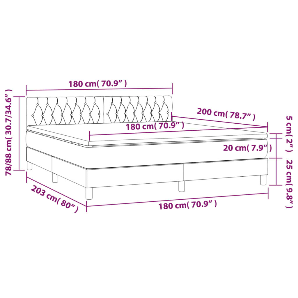 vidaXL Κρεβάτι Boxspring με Στρώμα & LED Σκ. Μπλε 180x200εκ. Βελούδινο