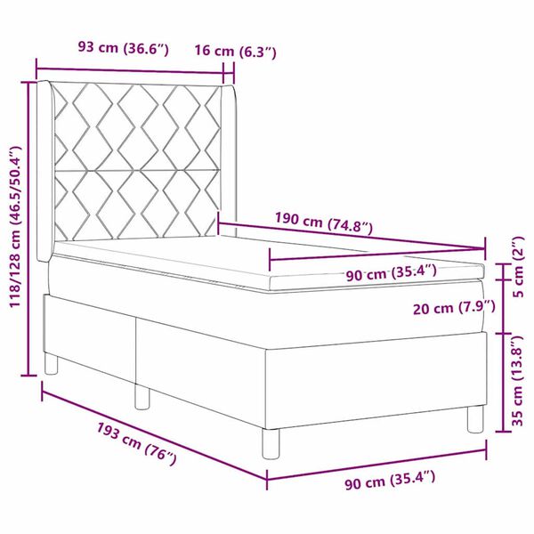 vidaXL Κρεβάτι Box Spring LED με Στρώμα Σκούρο γκρι 90 x 190 cm