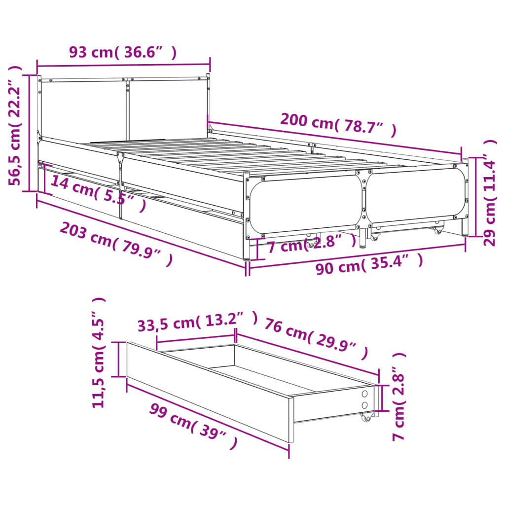 vidaXL Πλαίσιο Κρεβατιού με συρτάρια Sonoma Δρυς 90x200εκ. Επεξ. Ξύλο
