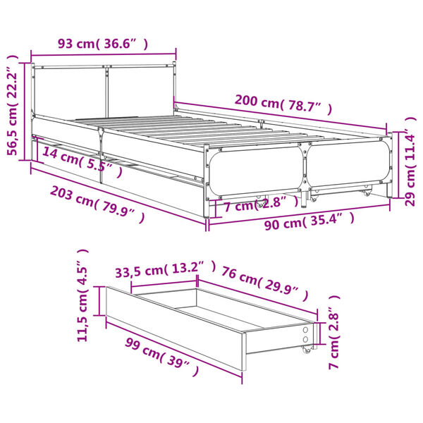 vidaXL Πλαίσιο Κρεβατιού με συρτάρια Sonoma Δρυς 90x200εκ. Επεξ. Ξύλο