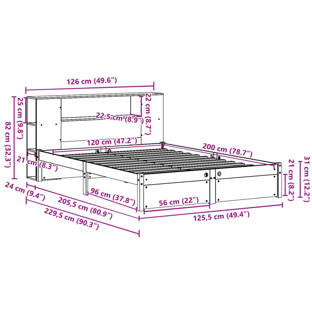 vidaXL Κρεβάτι Βιβλιοθήκη Χωρίς Στρώμα 120x200 εκ Μασίφ Ξύλο Πεύκο