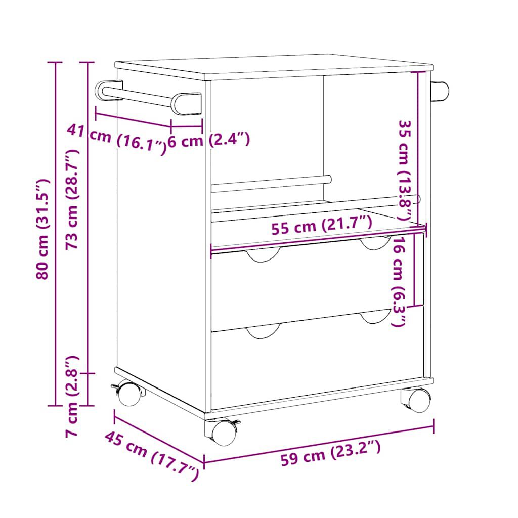 vidaXL Τρόλεϊ Κουζίνας OTTA 59x45x80 εκ. από Μασίφ Ξύλο Πεύκου