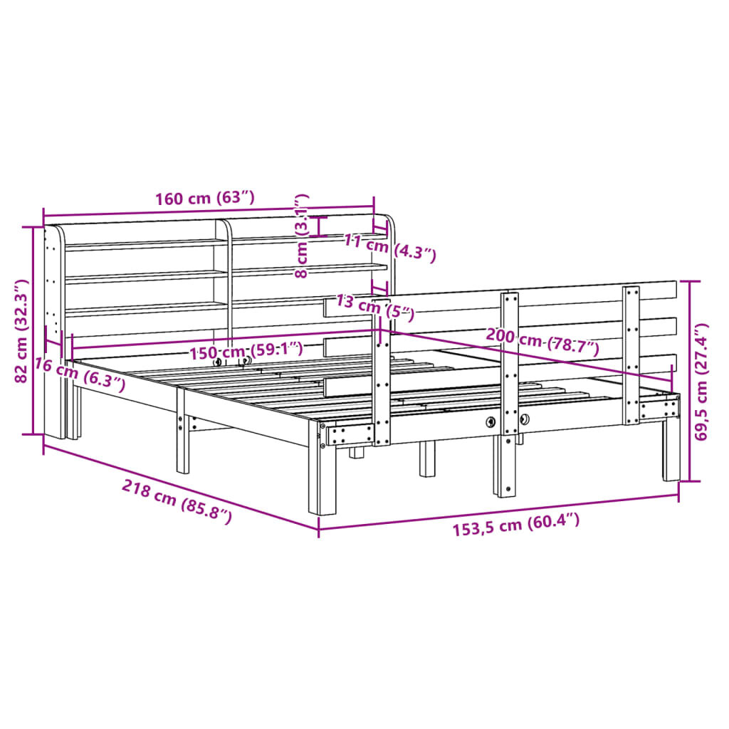 vidaXL Πλαίσιο Κρεβατιού Κεφαλάρι Λευκό 150x200εκ Μασίφ Πεύκο
