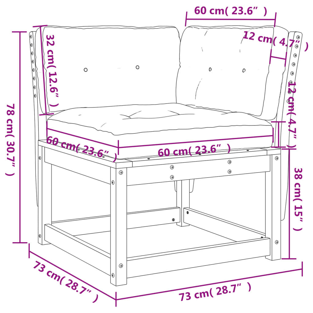 vidaXL Καναπές Κήπου Γωνιακός 73x73x78 εκ. Μασίφ Ξύλο Πεύκου Μαξιλάρια