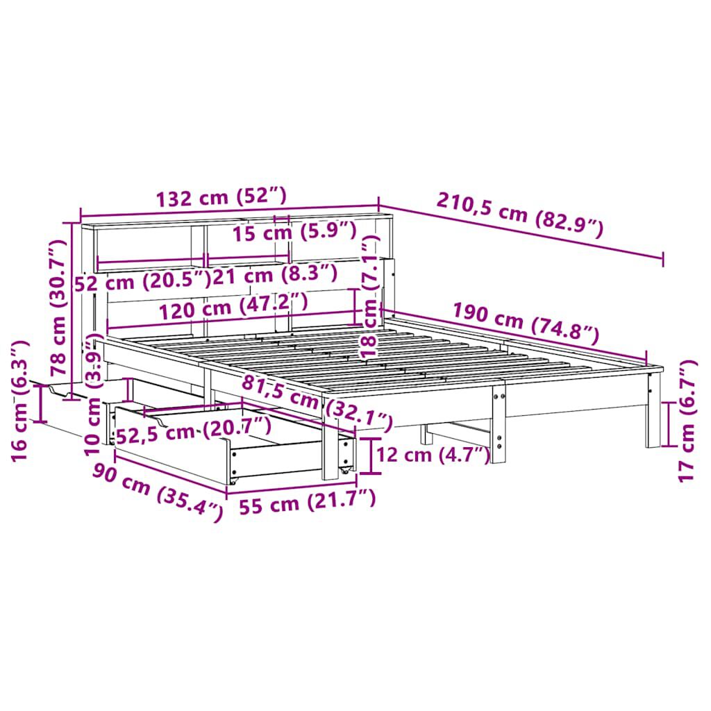 vidaXL Κρεβάτι Βιβλιοθήκη Χωρίς Στρώμα 120x190 εκ Μασίφ Ξύλο Πεύκου