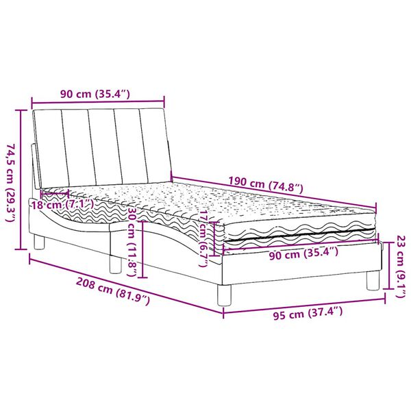 vidaXL Κρεβάτι με Στρώμα Σκούρο Γκρι 90x190 εκ. Υφασμάτινο