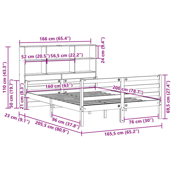 vidaXL Κρεβάτι Βιβλιοθήκη Χωρίς Στρώμα 160x200 εκ Μασίφ Ξύλο Πεύκου