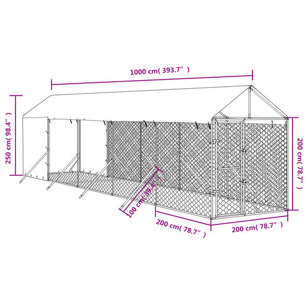 vidaXL Κλουβί Σκύλου Εξ. Χώρου με Οροφή Ασημί 2x10x2,5 μ. Γαλβ. Ατσάλι