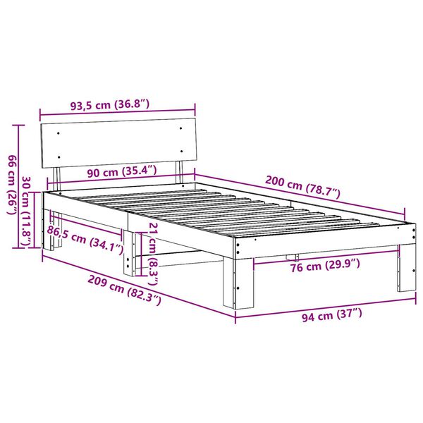 vidaXL Kρεβάτι με κεφαλάρι 90x200 εκ. από μασίφ ξύλο πεύκου