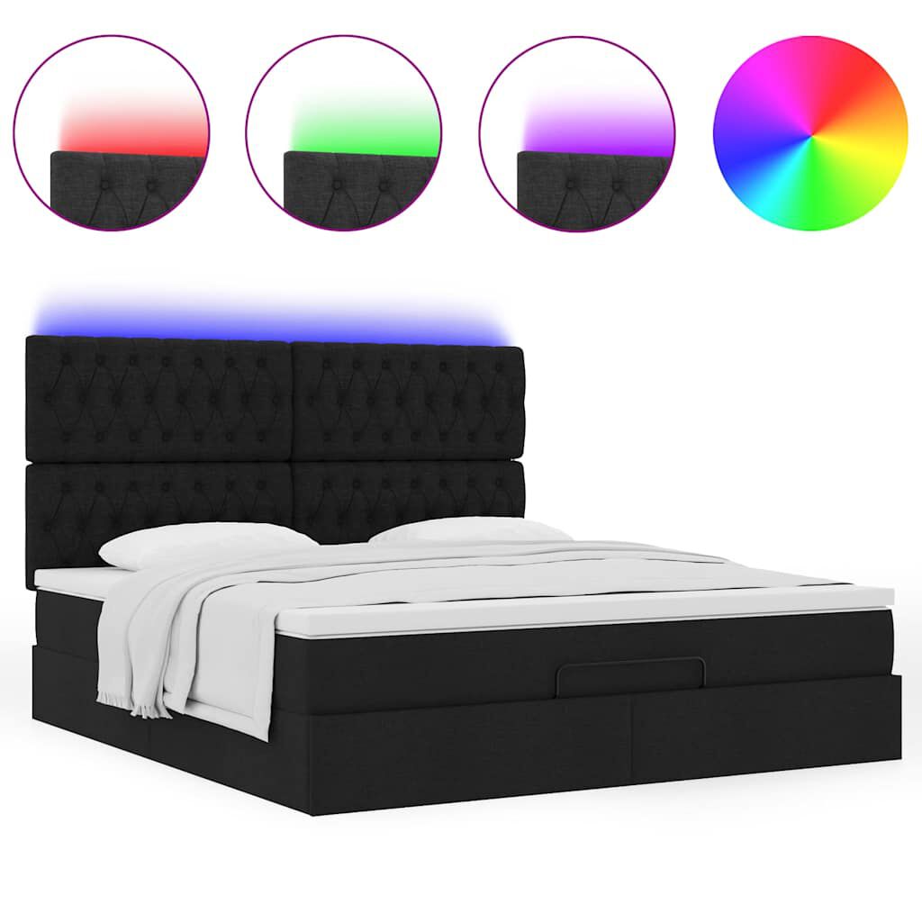 vidaXL Οθωμανικό κρεβάτι με στρώμα & LEDs Μαύρο ύφασμα 160x200cm