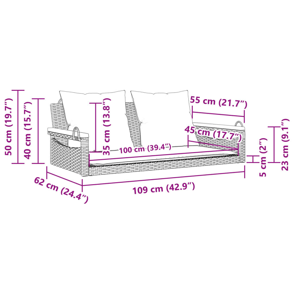 vidaXL Παγκάκι Κούνια Γκρι 109x62x40 εκ. Συνθετικό Ρατάν με Μαξιλάρια