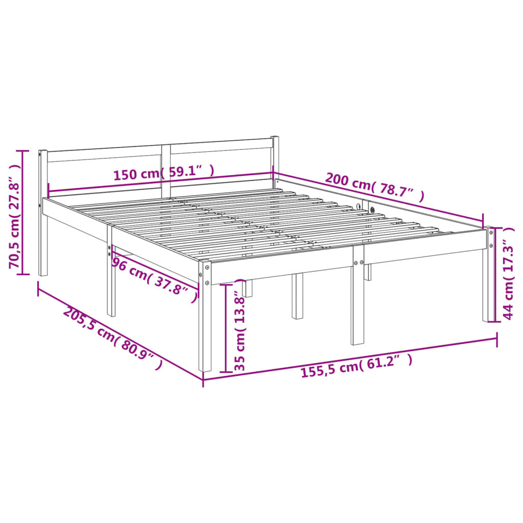 vidaXL Κρεβάτι Ηλικιωμένων Μαύρο 150x200εκ Μασίφ Ξύλο Πεύκου King Size