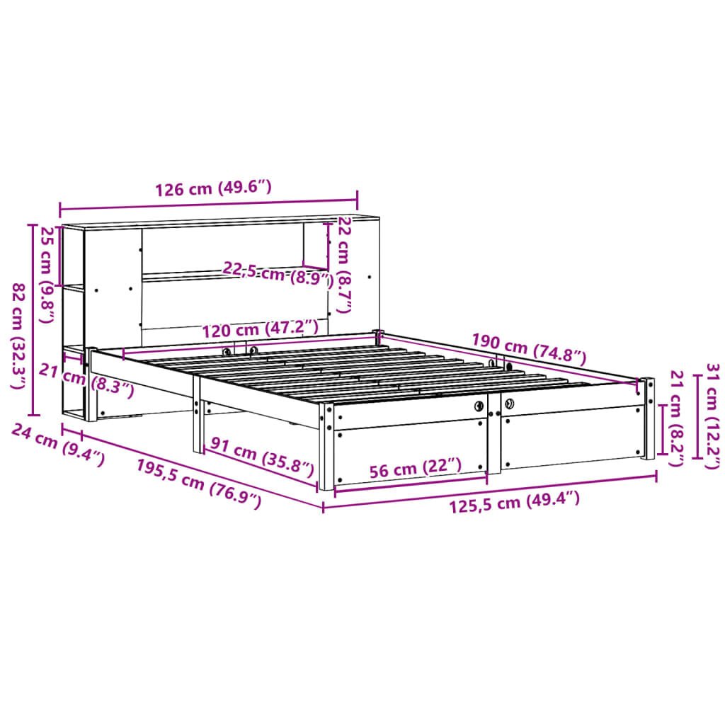vidaXL Κρεβάτι Βιβλιοθήκη Χωρίς Στρώμα 120x190 εκ Μασίφ Ξύλο Πεύκου