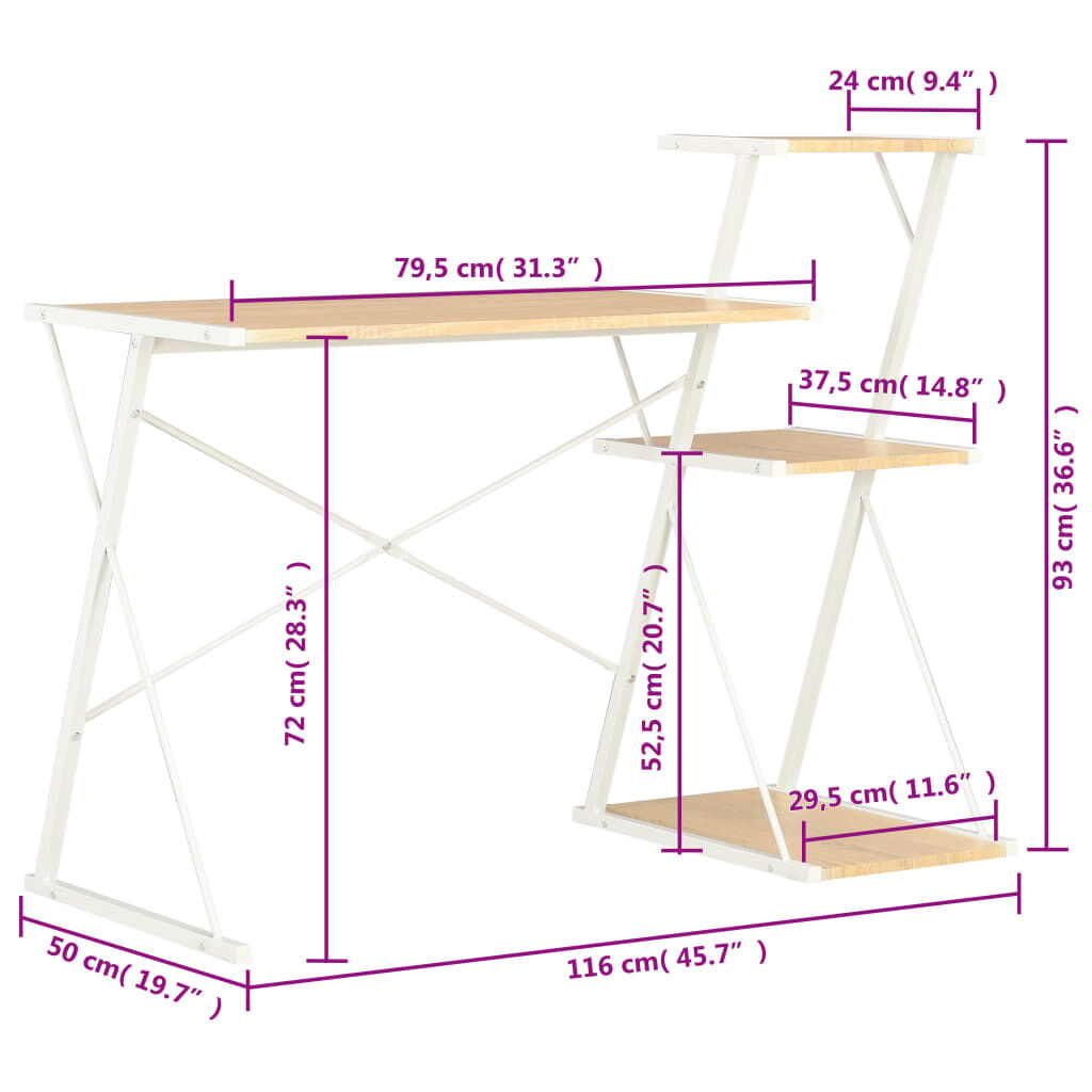 vidaXL Γραφείο με Ράφια Λευκό / Χρώμα Δρυός 116 x 50 x 93 εκ.