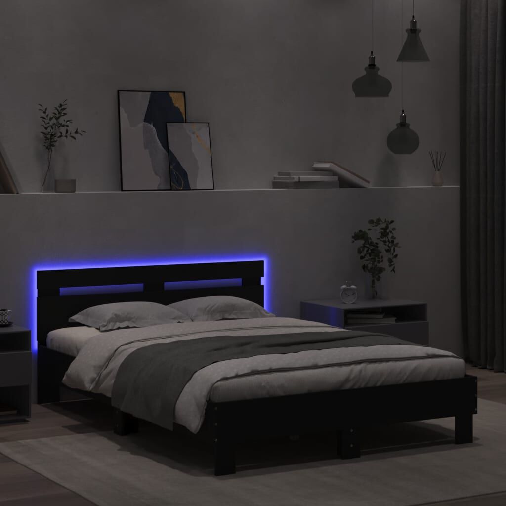 vidaXL Πλαίσιο Κρεβατιού με Κεφαλάρι/LED Μαύρο 135 x 190 εκ.
