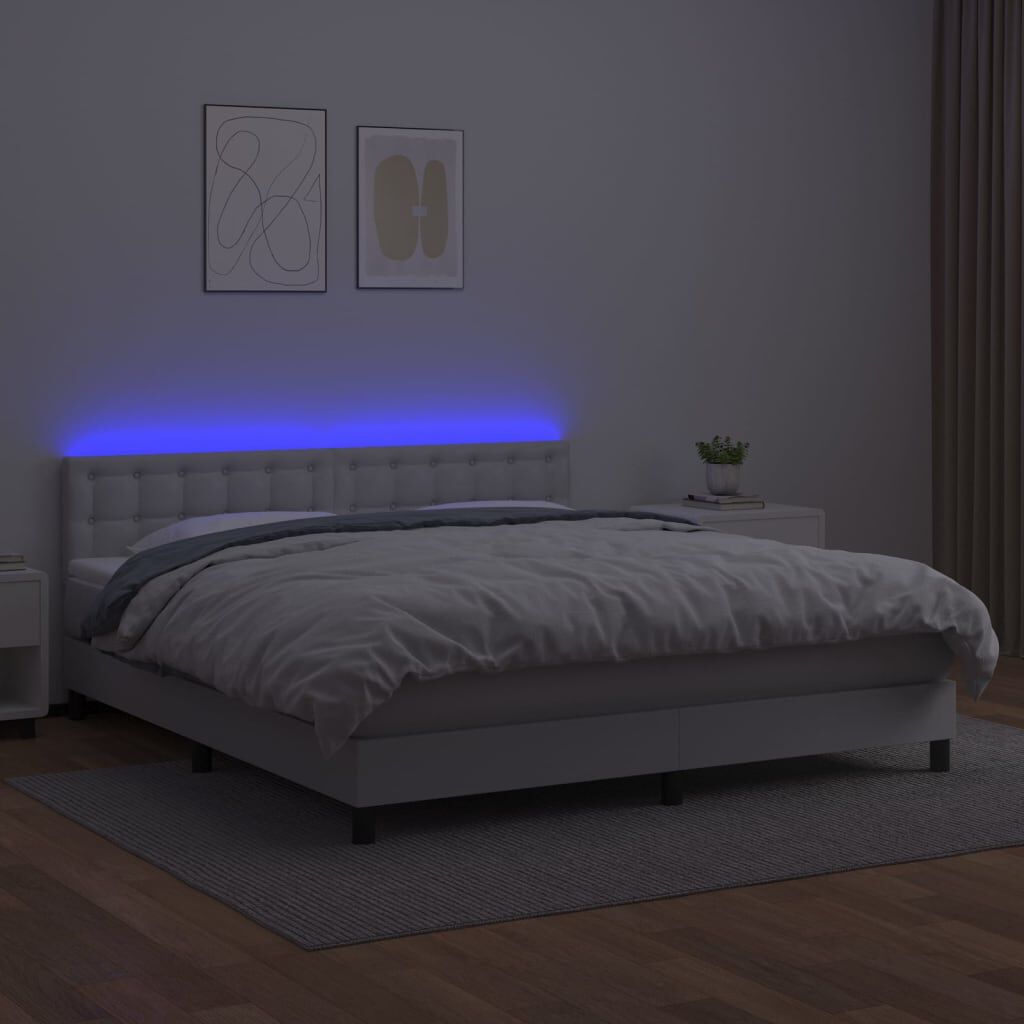 vidaXL Κρεβάτι Boxspring με Στρώμα & LED Λευκό 180x200 εκ. Συνθ. Δέρμα
