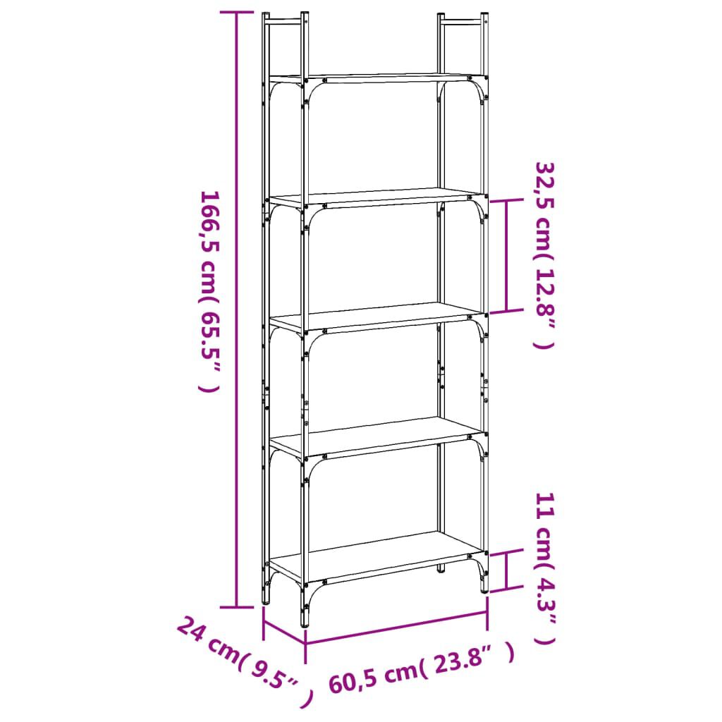 vidaXL Βιβλιοθήκη 5 Επιπέδων Καπν. Δρυς 60,5x24x166,5εκ. Επεξεργ. Ξύλο