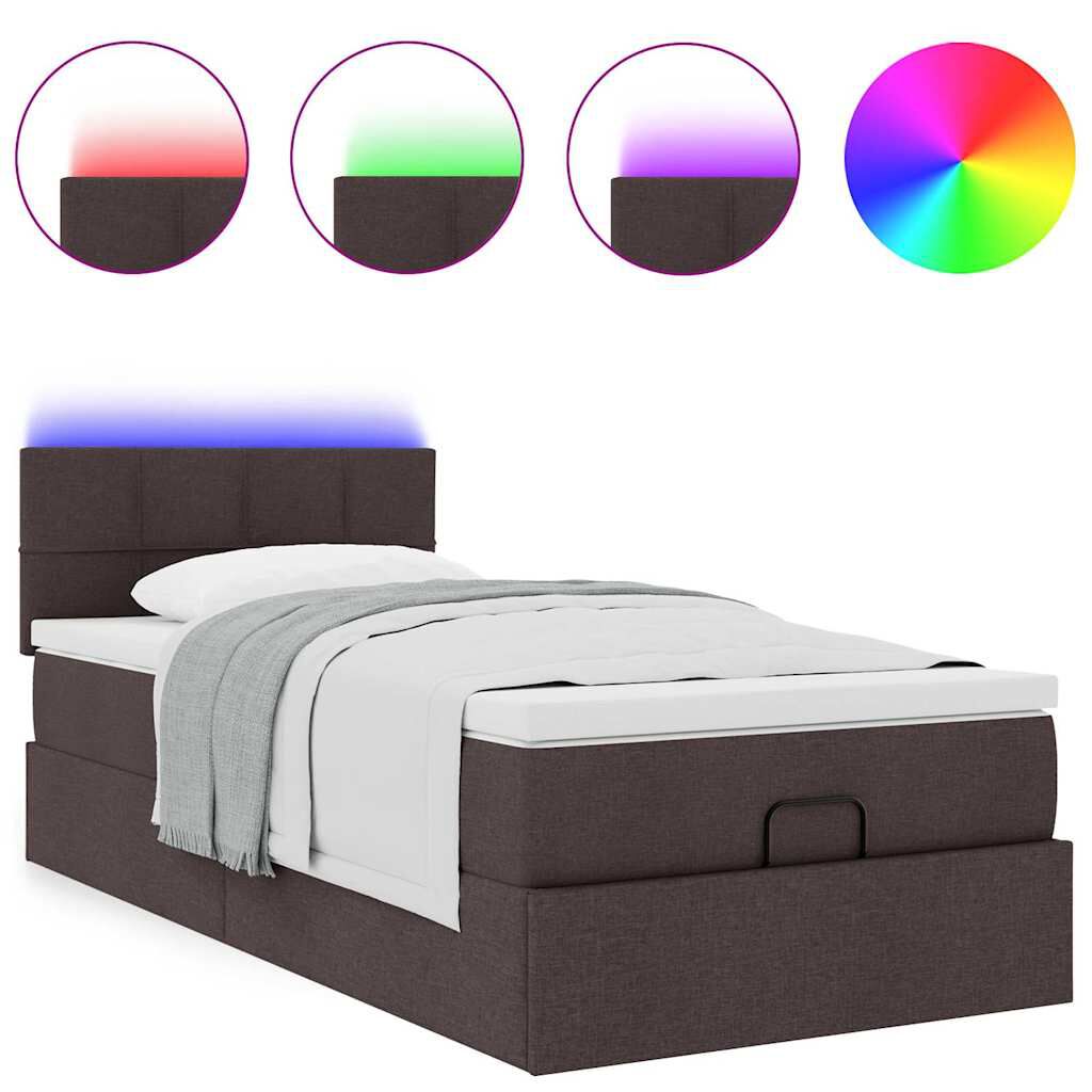 vidaXL Οθωμανικό κρεβάτι με στρώμα & LEDs Σκούρο καφέ 90x190cm ύφασμα