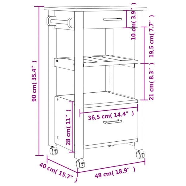 vidaXL Τρόλεϊ Κουζίνας MONZA 48x40x90 εκ. από Μασίφ Ξύλο Πεύκου