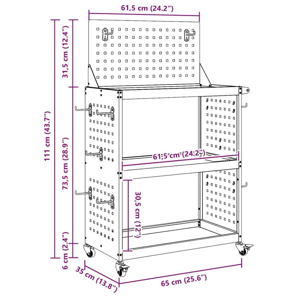 vidaXL Καρότσι εργαλείων με ράφι Μαύρο 65 x 35 x 111 εκ Κρύα χάλυβας