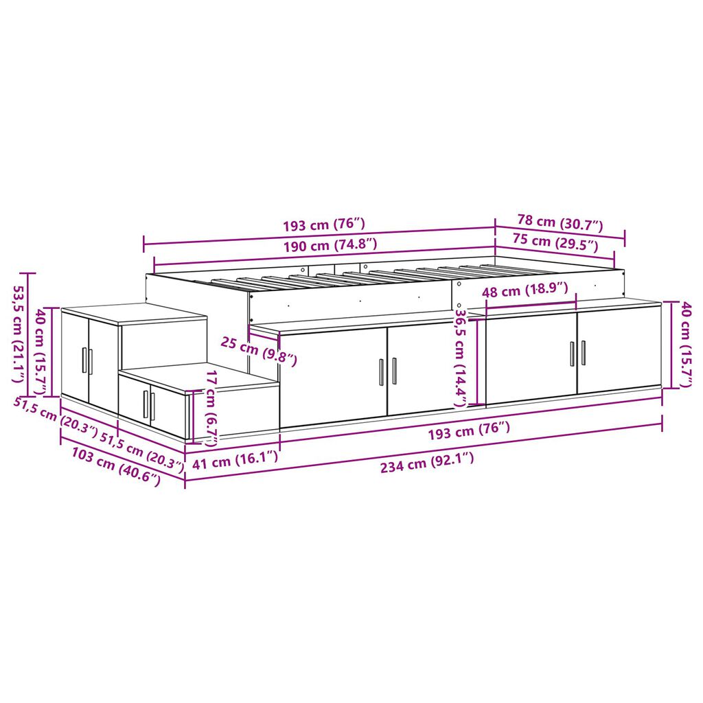 vidaXL Κρεβάτι Αποθήκης από Παλιό Ξύλο 75x190 εκ