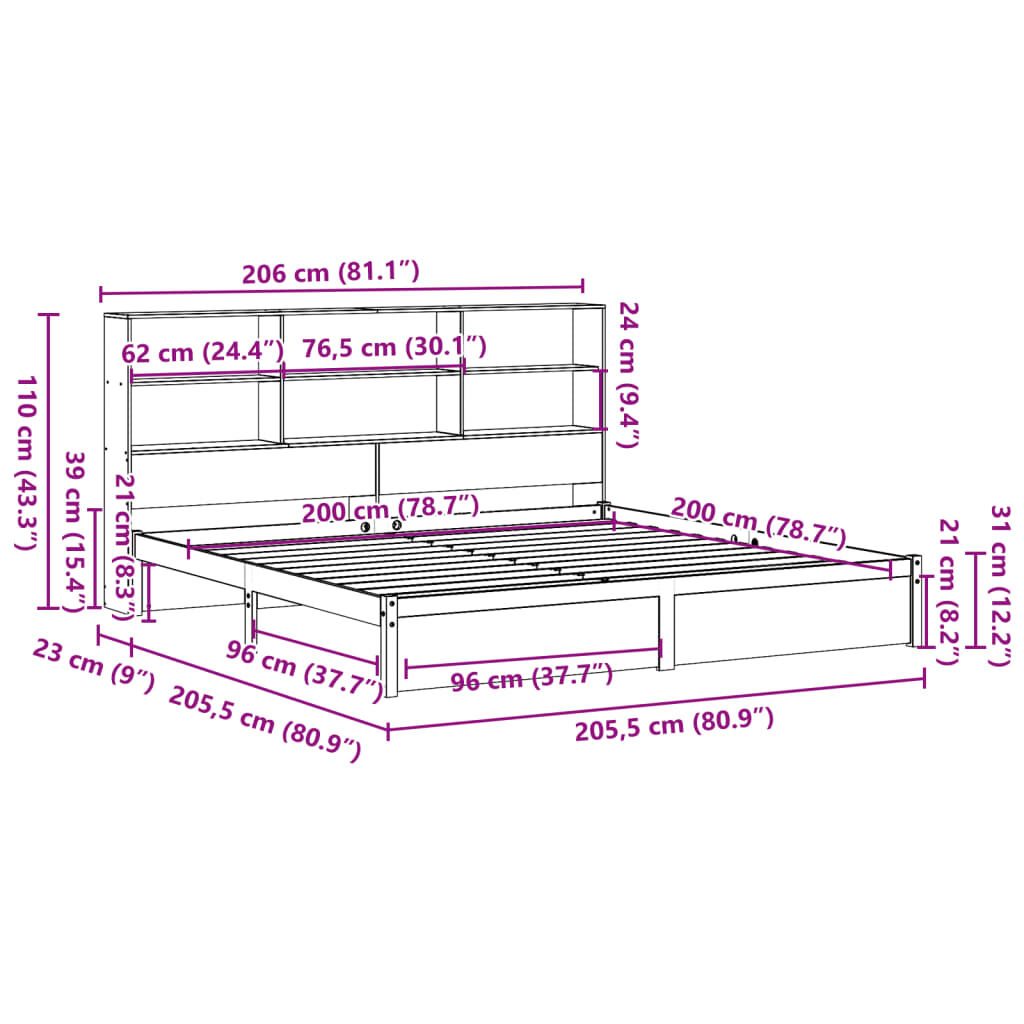 vidaXL Κρεβάτι Βιβλιοθήκη Χωρίς Στρώμα 200x200 εκ Μασίφ Ξύλο Πεύκου