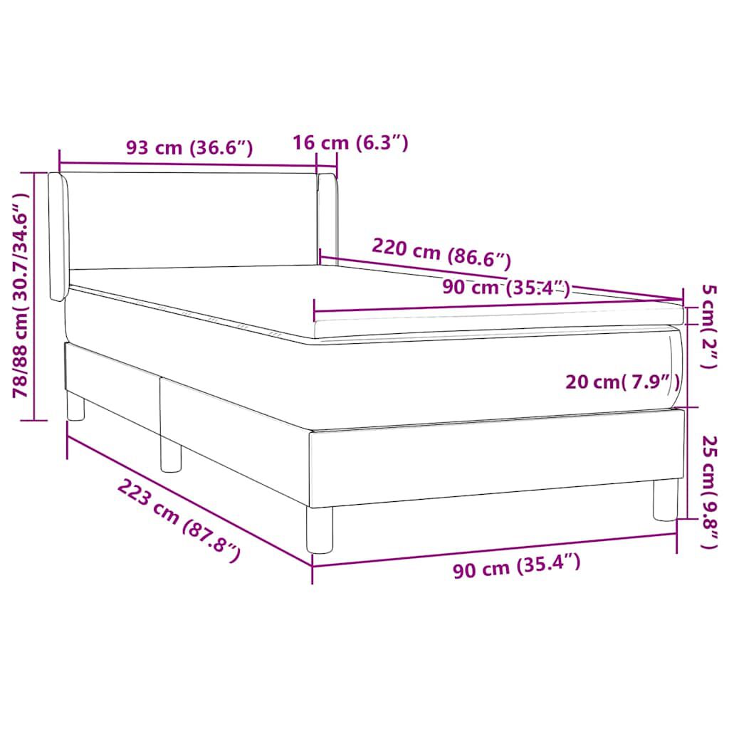 vidaXL Κρεβάτι Boxspring με Στρώμα Σκούρο Γκρι 90x220 εκ. Βελούδινο