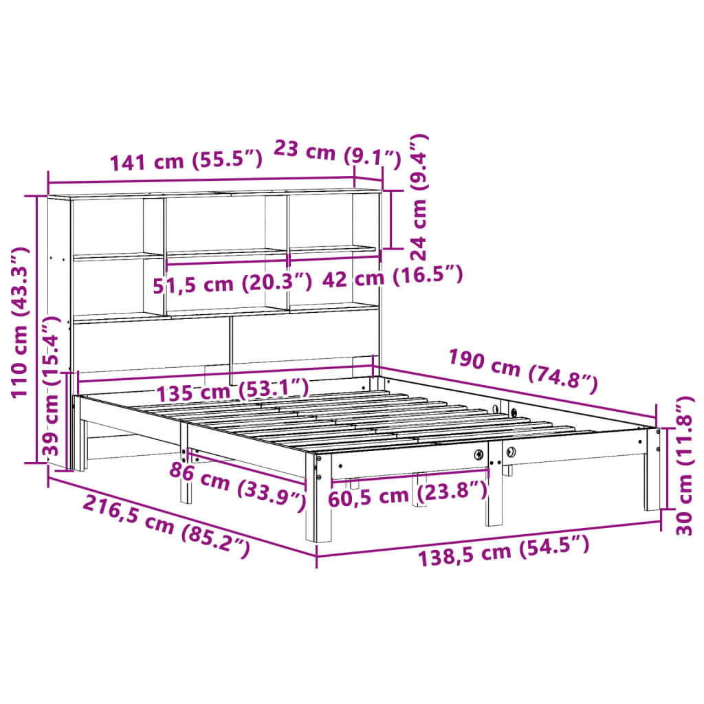 vidaXL Κρεβάτι Βιβλιοθήκη Χωρίς Στρώμα Λευκό 135x190 εκ Μασίφ Πεύκο