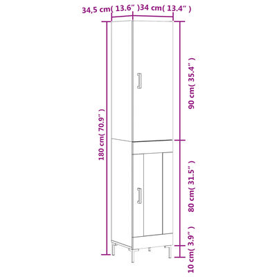 vidaXL Ντουλάπι Λευκός 34,5 x 34 x 180 εκ. από Επεξεργασμένο Ξύλο