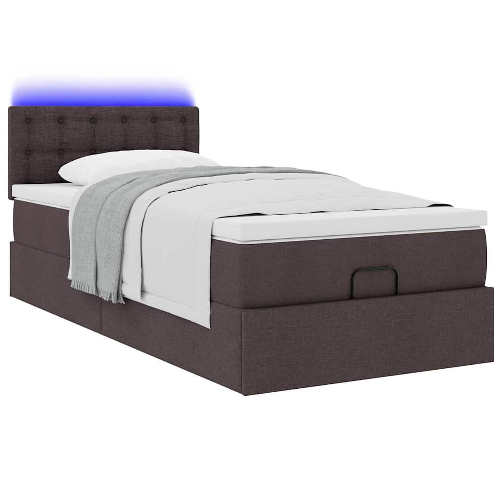 vidaXL Οθωμανικό κρεβάτι με στρώμα & LEDs Σκούρο καφέ 90x200 cm Ύφασμα