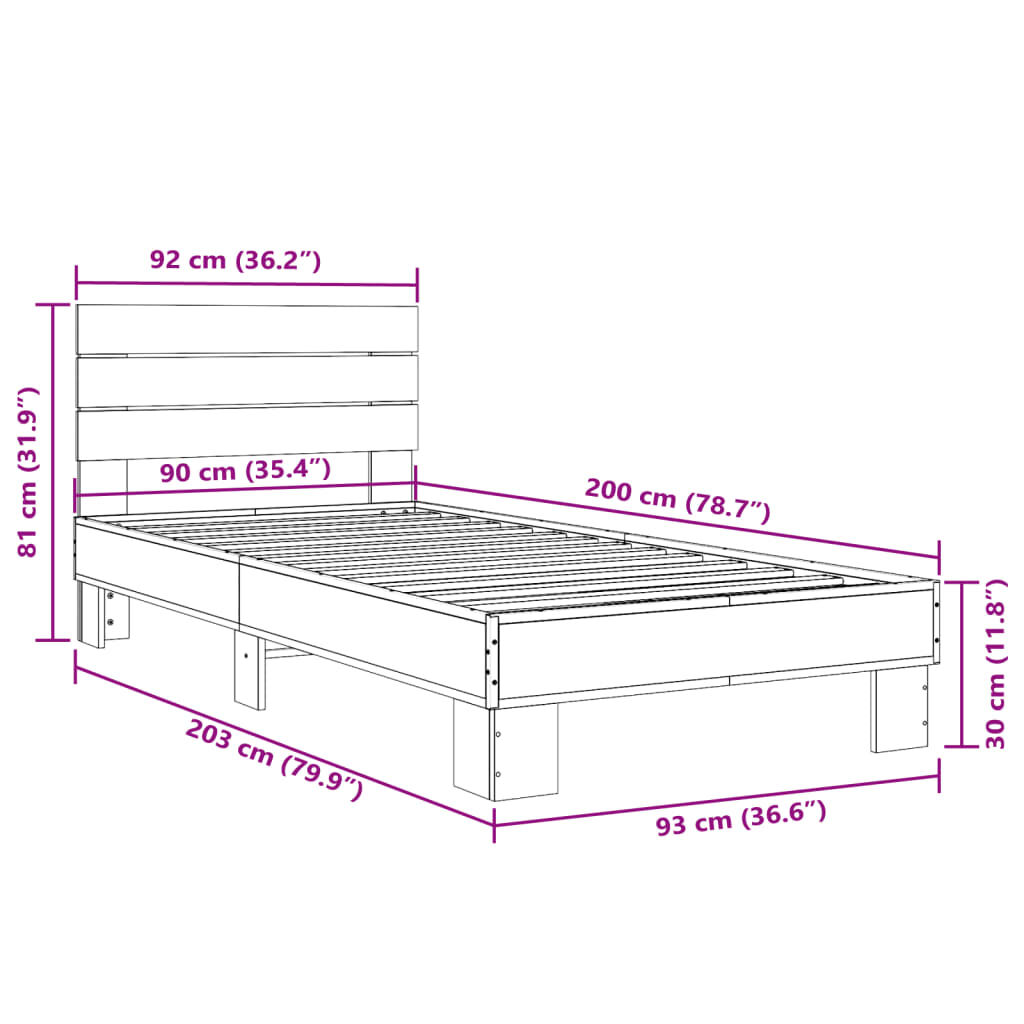 vidaXL Πλαίσιο Κρεβατιού Sonoma Δρυς 90x200 εκ. Επεξ. Ξύλο & Μέταλλο