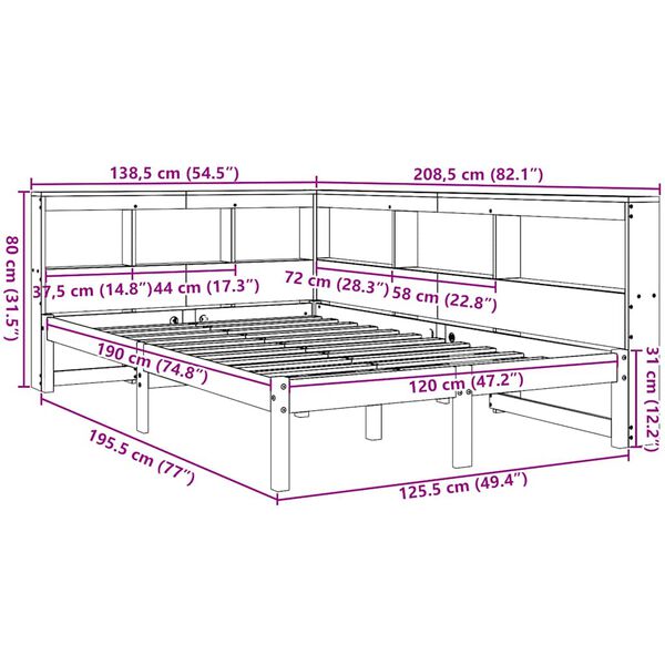 vidaXL Κρεβάτι Βιβλιοθήκη Χωρίς Στρώμα 120x190 εκ Μασίφ Ξύλο Πεύκου