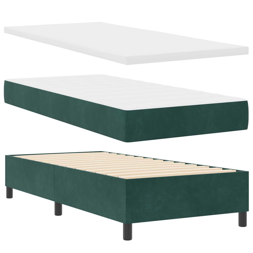 vidaXL Κρεβάτι Box Spring με Στρώμα & Παγκάκι Σκούρο Πράσινο 90x190 εκ. Βελούδο