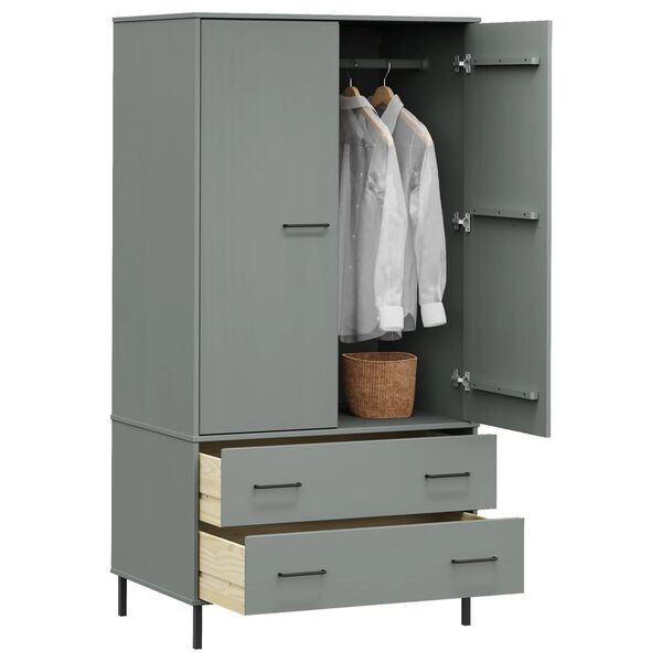 vidaXL Ντουλάπα OSLO Γκρι 90x55x172,5 εκ. Μασίφ Ξύλο με Μετ. Πόδια