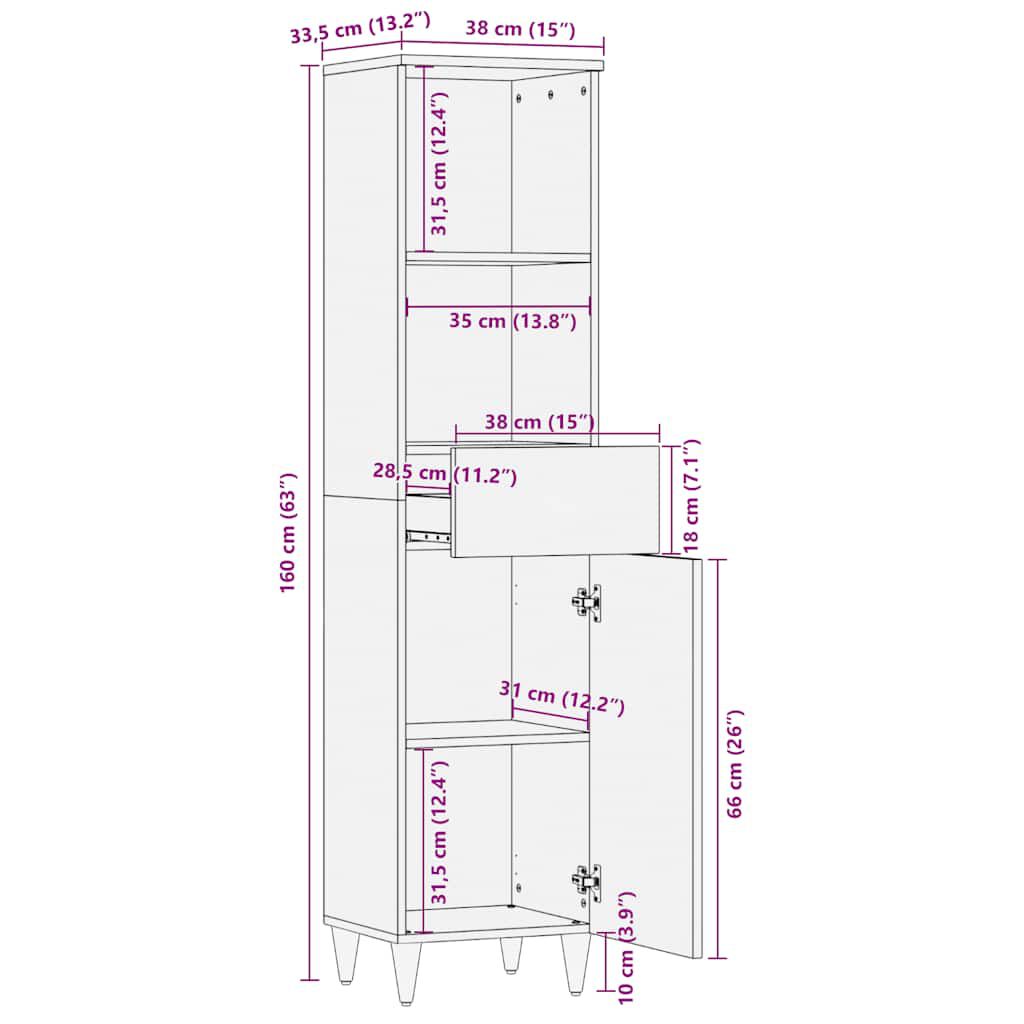 vidaXL Ντουλάπι Μπάνιου 38x33,5x160 εκ. από Μασίφ Ξύλο Μάνγκο
