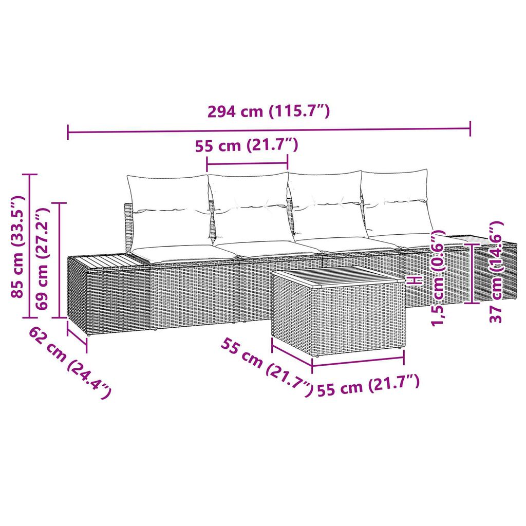 vidaXL Σετ Καναπέ Κήπου με μαξιλάρι 5 pcs Γκρι Πολυ ράταν