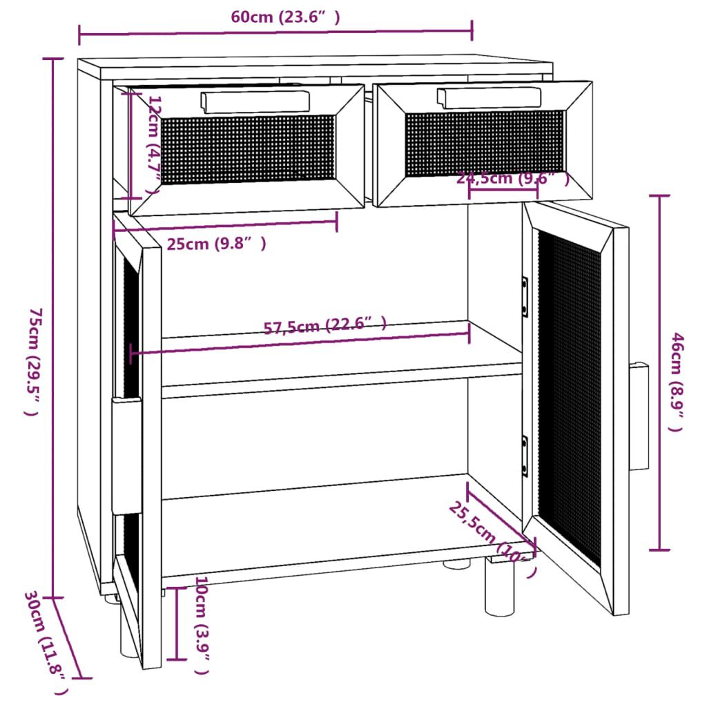 vidaXL Ντουλάπι Λευκό 60 x 30 x 75 εκ. Μασίφ Πεύκο & Φυσικό Ρατάν