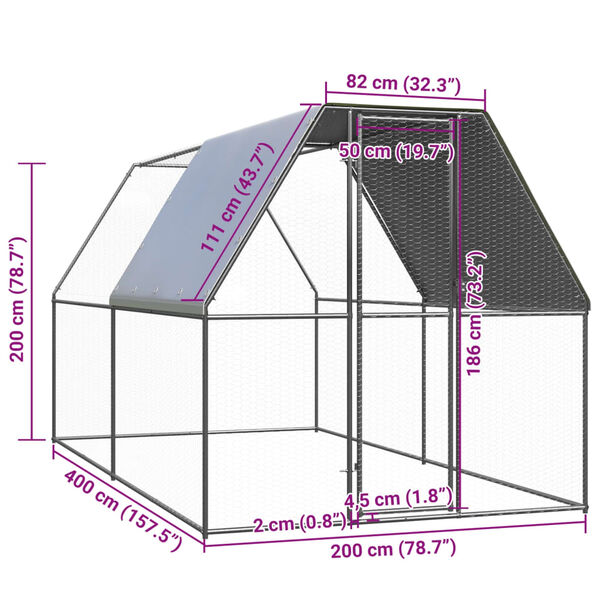 vidaXL Κοτέτσι - Κλουβί Εξωτ. Χώρου 2x4x2 μ. από Γαλβανισμένο Χάλυβα