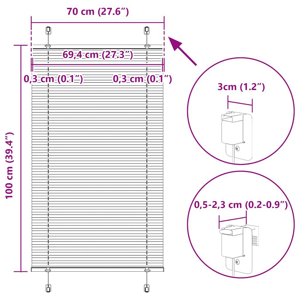 vidaXL Πλισέ περσίδα Κρέμα 70x100 cm Πλάτος υφάσματος 69,4 cm