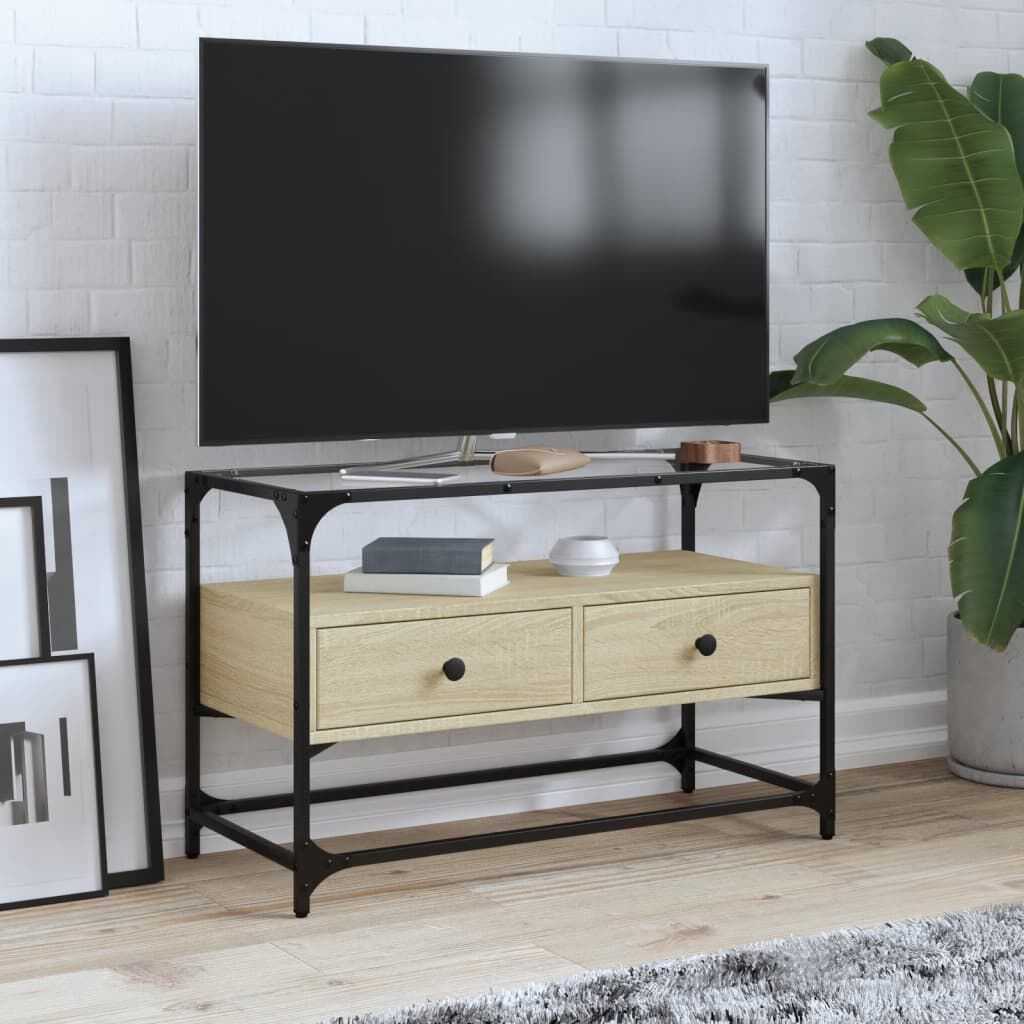 vidaXL Έπιπλο Τηλεόρασης Γυάλ Επιφάνεια Sonoma Δρυς 80x35x51εκ Επ Ξύλο